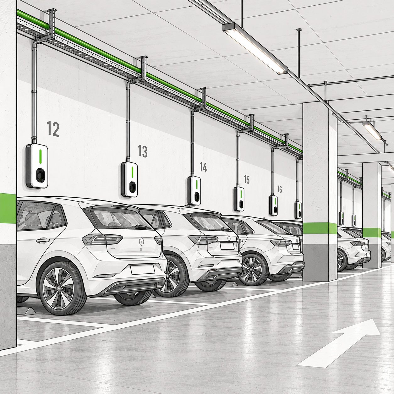 Preinstalación eléctrica para cargadores de coche eléctrico en un garaje comunitario